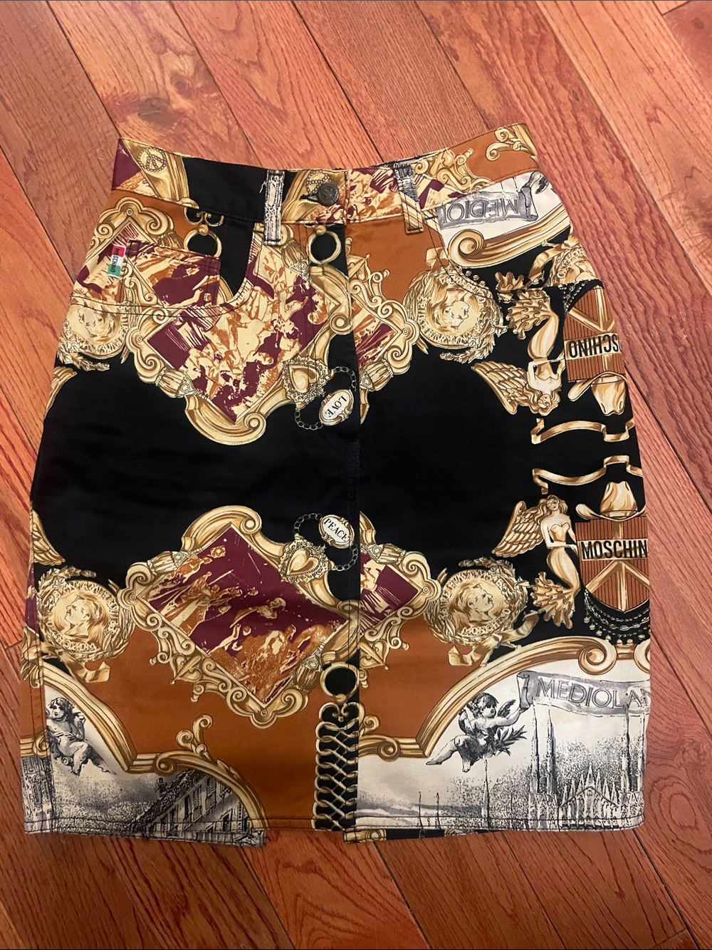 Moschino Black, Gold & Brown Baroque Print Mini Skirt